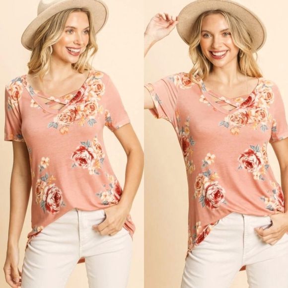 Coral Criss Cross Floral Top - Picture 1 of 5